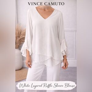Vince Camuto White V-Neck Layered Ruffle Sleeve Blouse